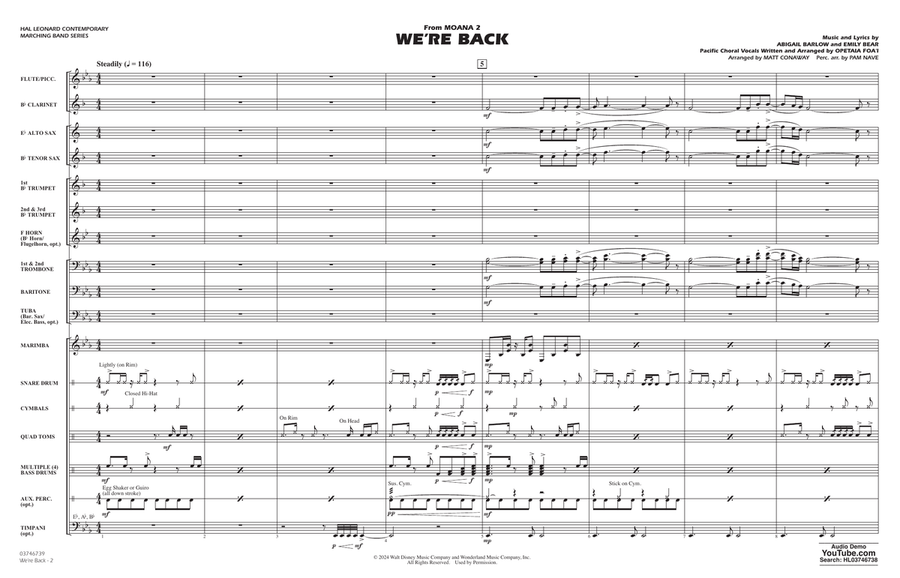 We're Back (from Moana 2) (arr. Matt Conaway) - Conductor Score (Full Score) Marching Band scores gallery preview page 2