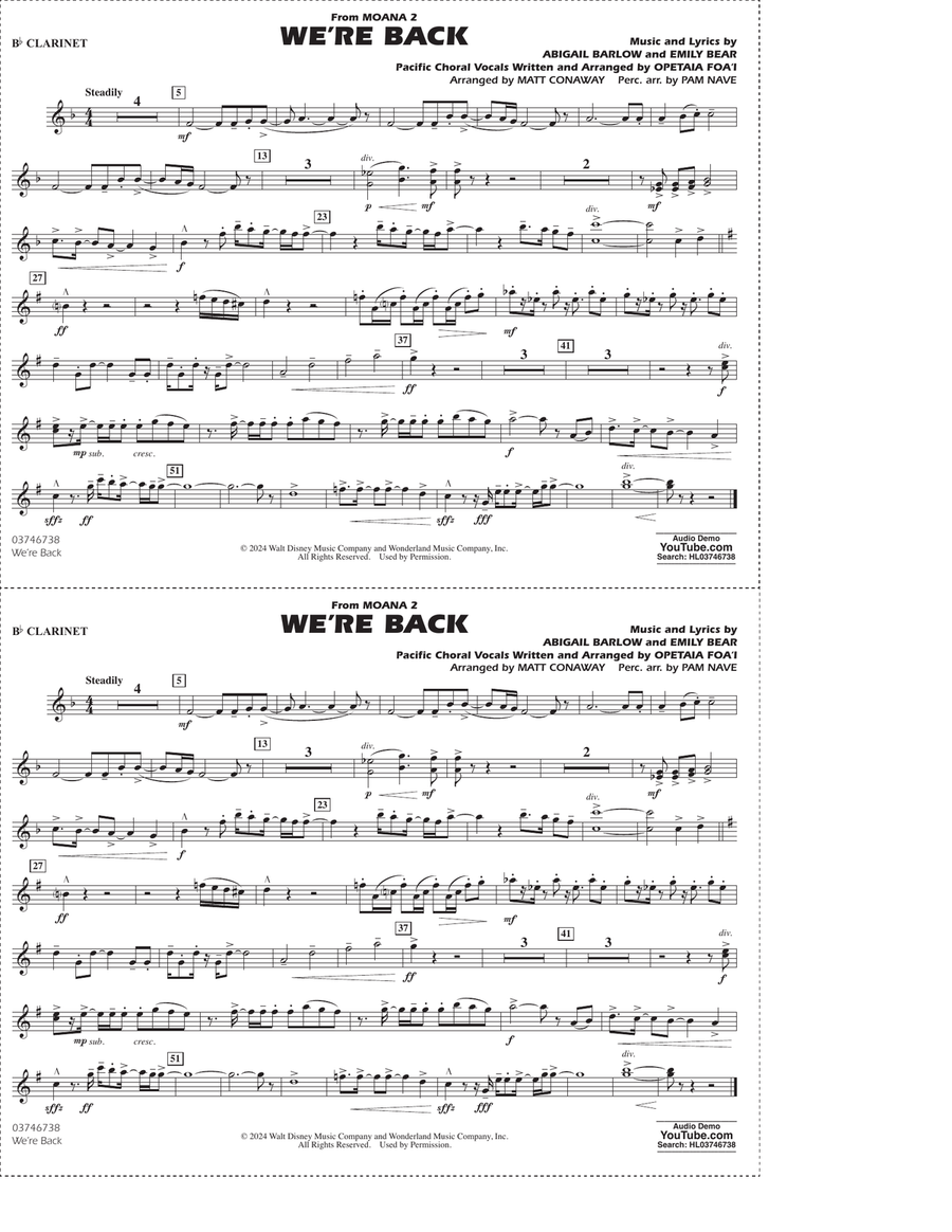 We're Back (from Moana 2) (arr. Matt Conaway) - Bb Clarinet Marching Band scores gallery preview page 1