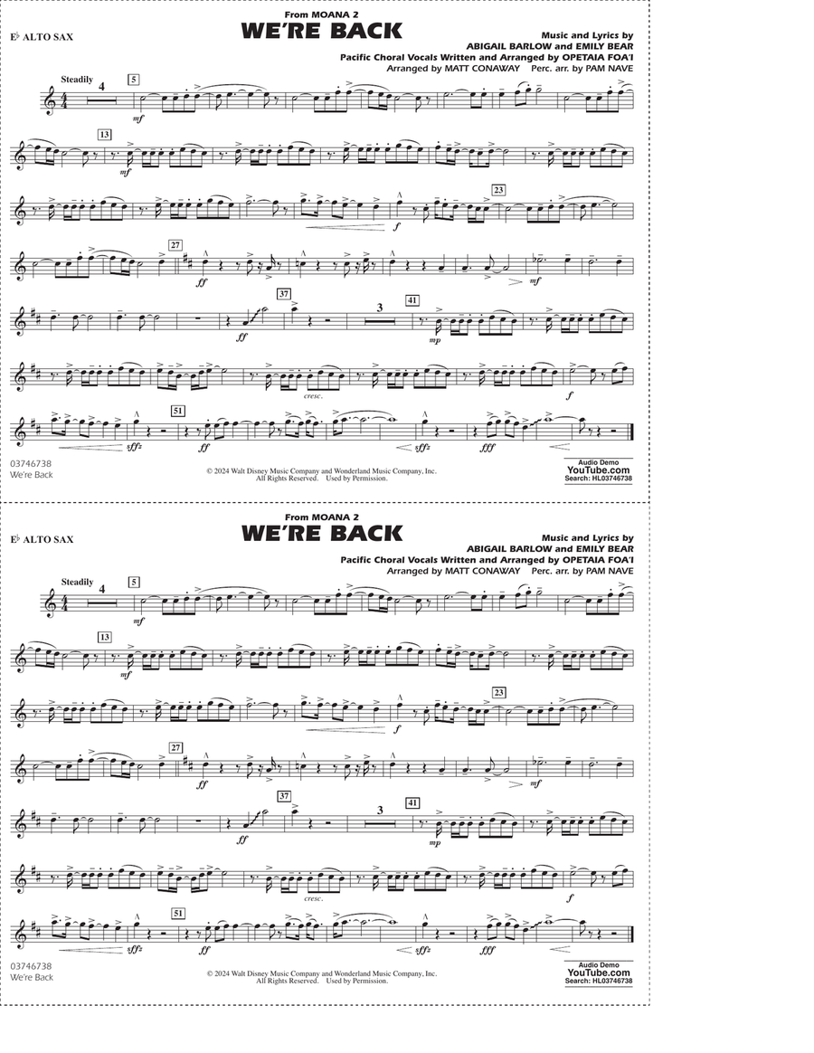 We're Back (from Moana 2) (arr. Matt Conaway) - Eb Alto Sax Marching Band scores gallery preview page 1