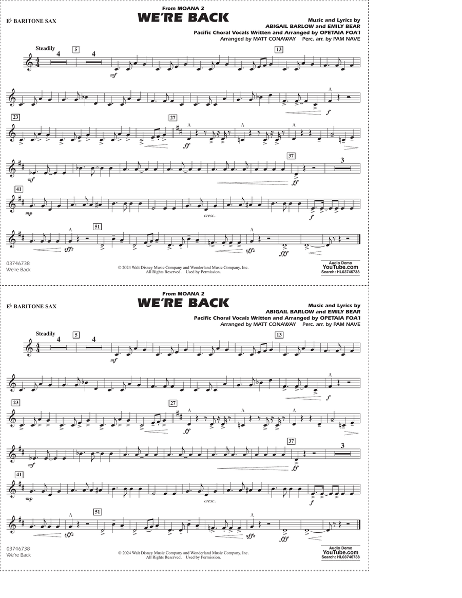 We're Back (from Moana 2) (arr. Matt Conaway) - Eb Baritone Sax Marching Band scores gallery preview page 1