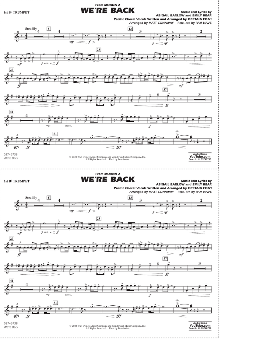 We're Back (from Moana 2) (arr. Matt Conaway) - 1st Bb Trumpet Marching Band scores gallery preview page 1