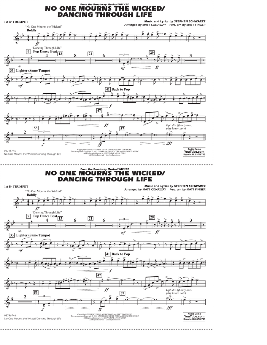 No One Mourns The Wicked / Dancing Through Life (arr. Matt Conaway) - 1st Bb Trumpet Marching Band scores gallery preview page 1
