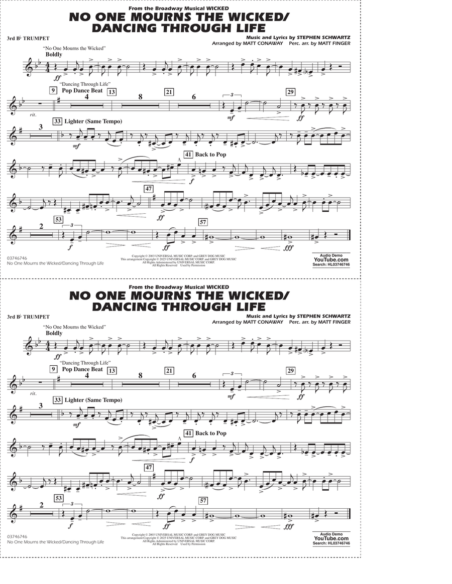 No One Mourns The Wicked / Dancing Through Life (arr. Matt Conaway) - 3rd Bb Trumpet Marching Band scores gallery preview page 1