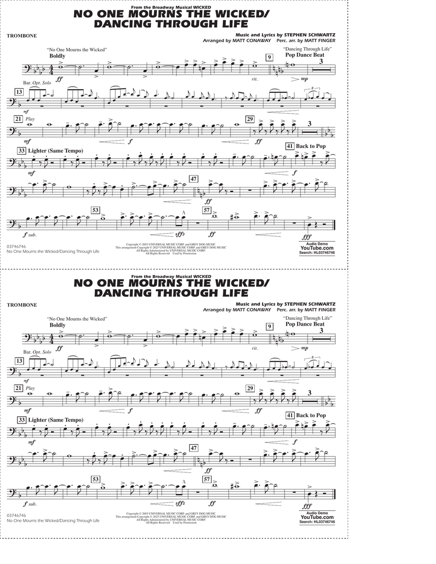 No One Mourns The Wicked / Dancing Through Life (arr. Matt Conaway) - Trombone Marching Band scores gallery preview page 1