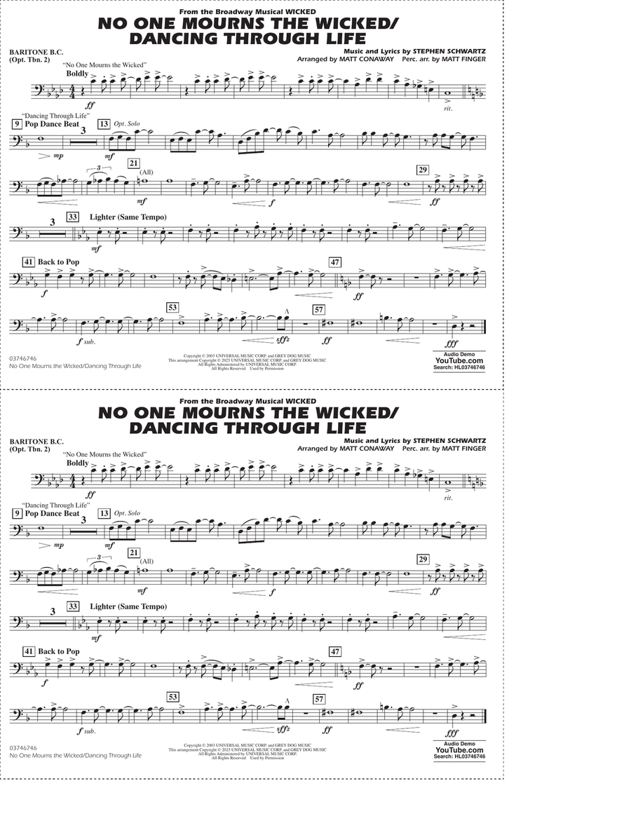 No One Mourns The Wicked / Dancing Through Life (arr. Matt Conaway) - Baritone B.C. (Opt. Tbn. 2) Marching Band scores gallery preview page 1