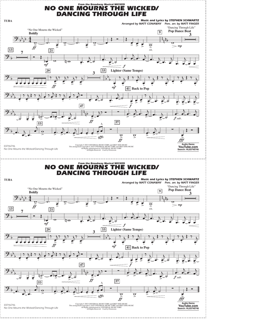 No One Mourns The Wicked / Dancing Through Life (arr. Matt Conaway) - Tuba Marching Band scores gallery preview page 1