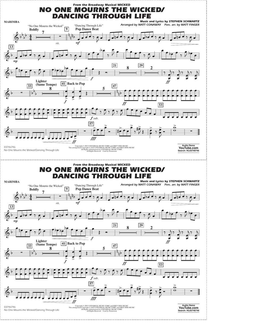 No One Mourns The Wicked / Dancing Through Life (arr. Matt Conaway) - Marimba Marching Band scores gallery preview page 1