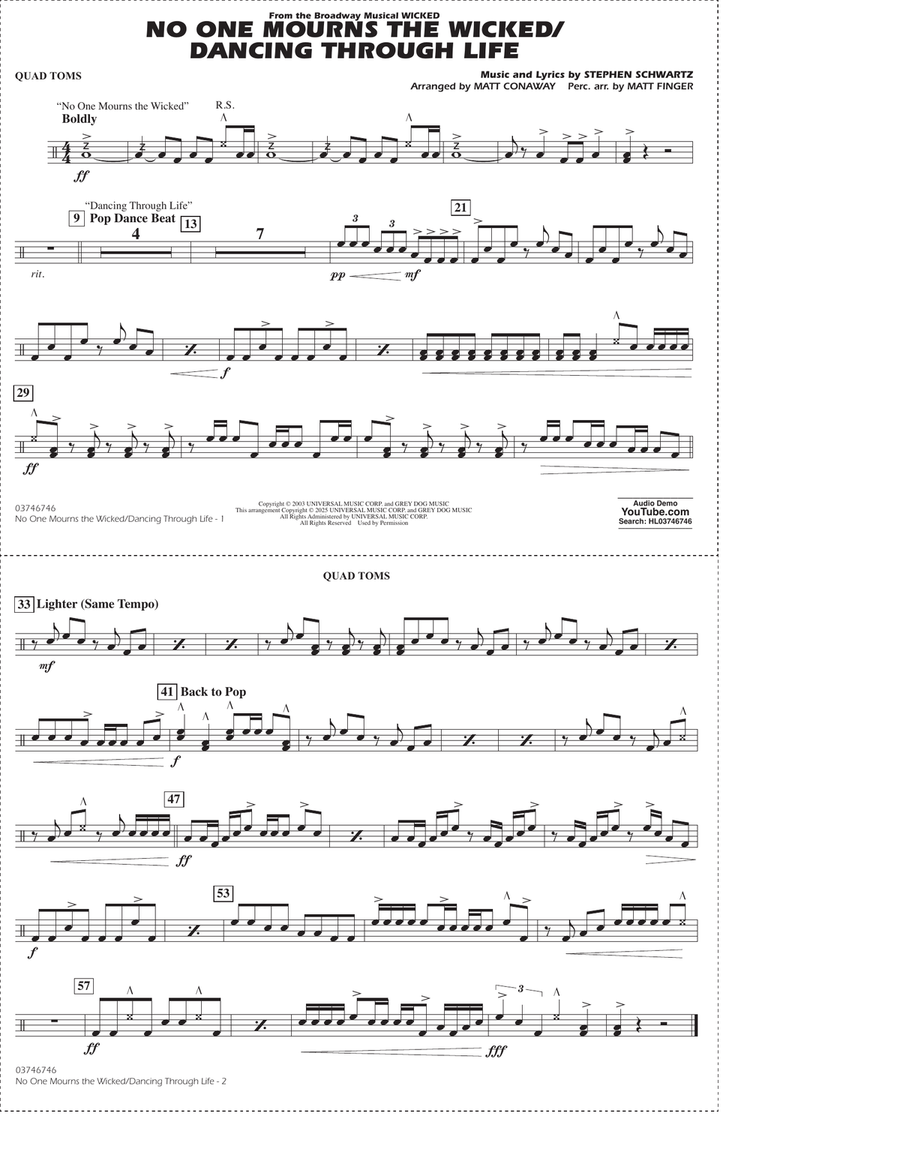 No One Mourns The Wicked / Dancing Through Life (arr. Matt Conaway) - Quad Toms Marching Band scores gallery preview page 1