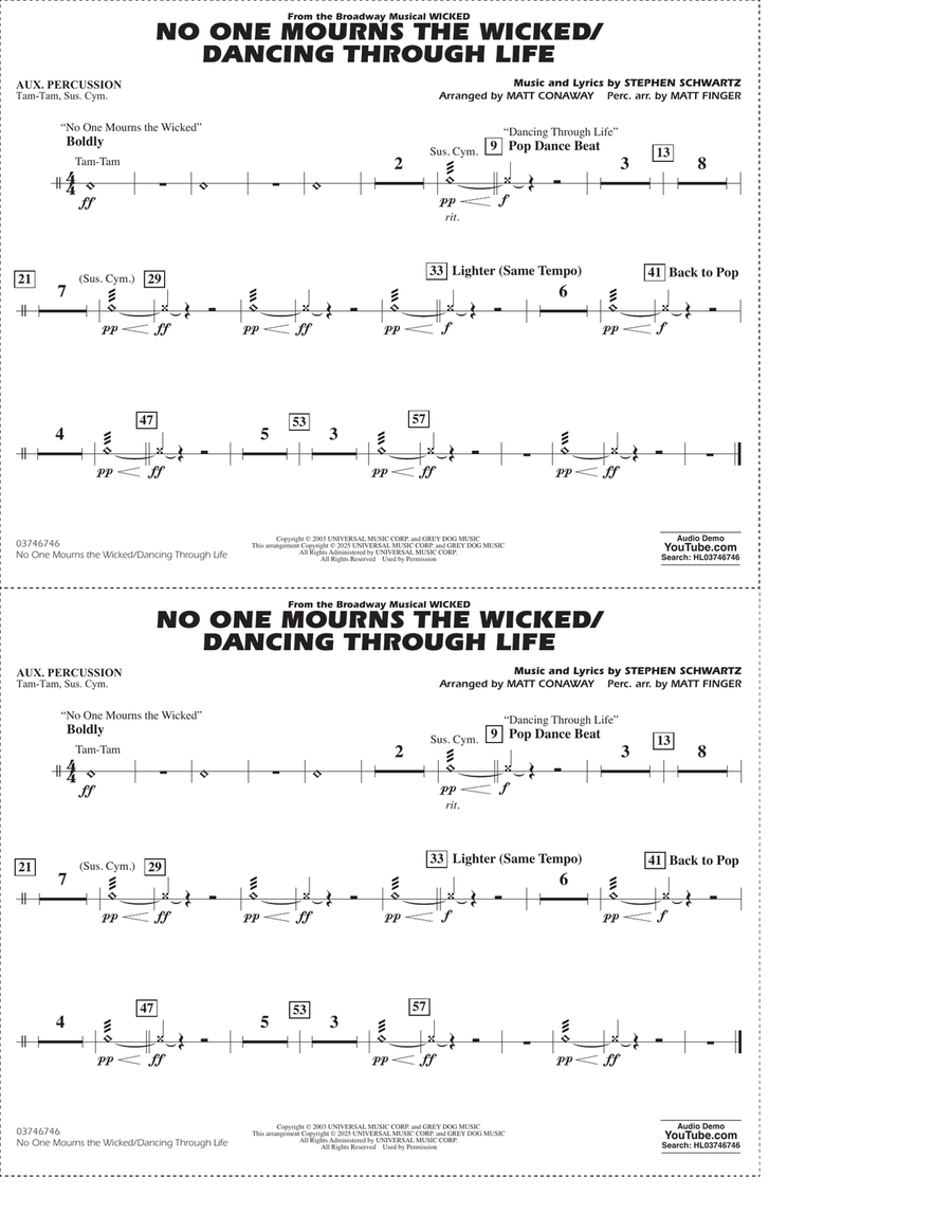 No One Mourns The Wicked / Dancing Through Life (arr. Matt Conaway) - Aux Percussion Marching Band scores gallery preview page 1