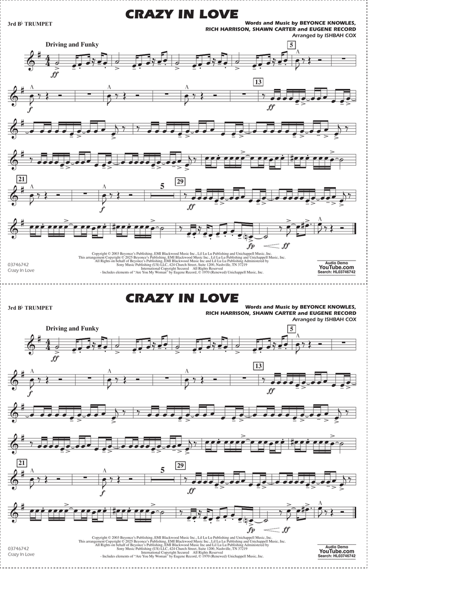 Crazy in Love (arr. Ishbah Cox) - 3rd Bb Trumpet Marching Band scores gallery preview page 1