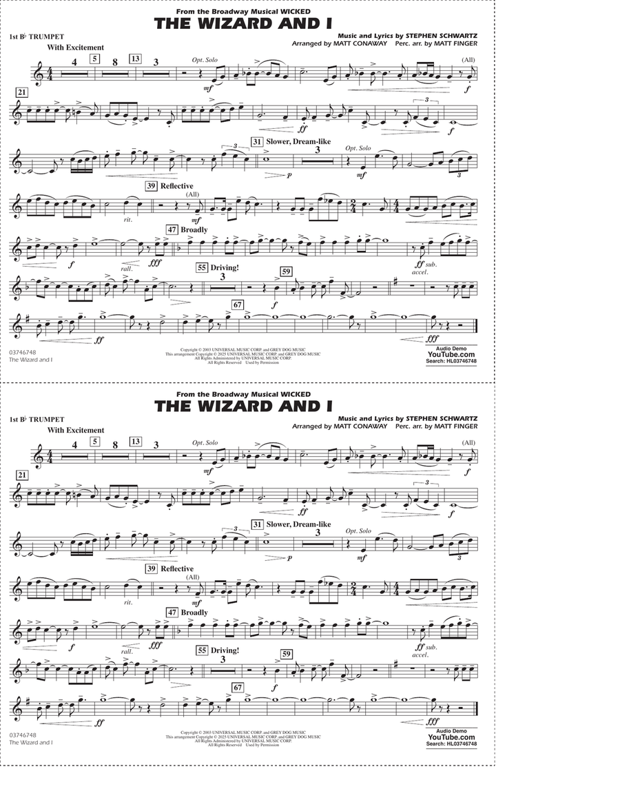 The Wizard and I (from Wicked) (arr. Matt Conaway & Matt Finger) - 1st Bb Trumpet Marching Band scores gallery preview page 1