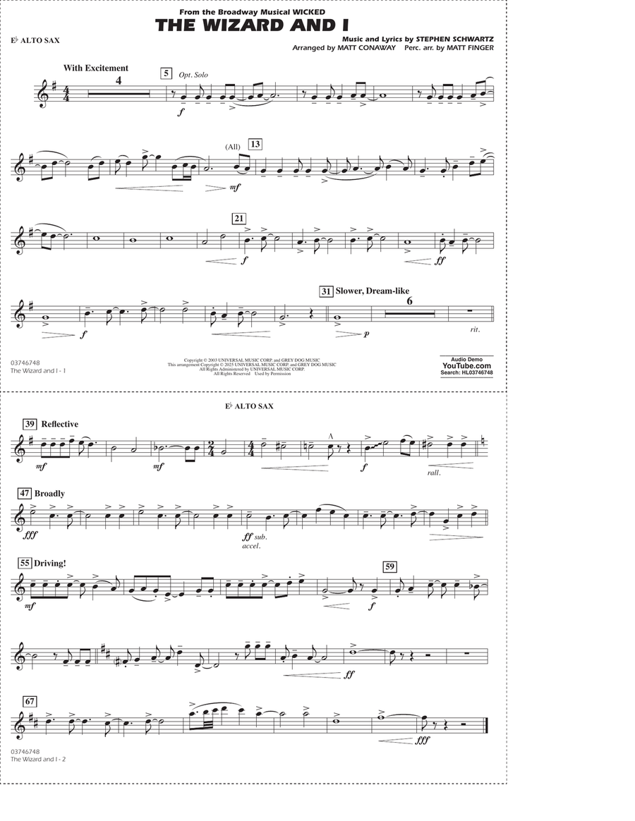 The Wizard and I (from Wicked) (arr. Matt Conaway & Matt Finger) - Eb Alto Sax Marching Band scores gallery preview page 1