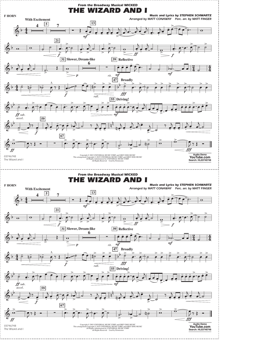 The Wizard and I (from Wicked) (arr. Matt Conaway & Matt Finger) - F Horn Marching Band scores gallery preview page 1