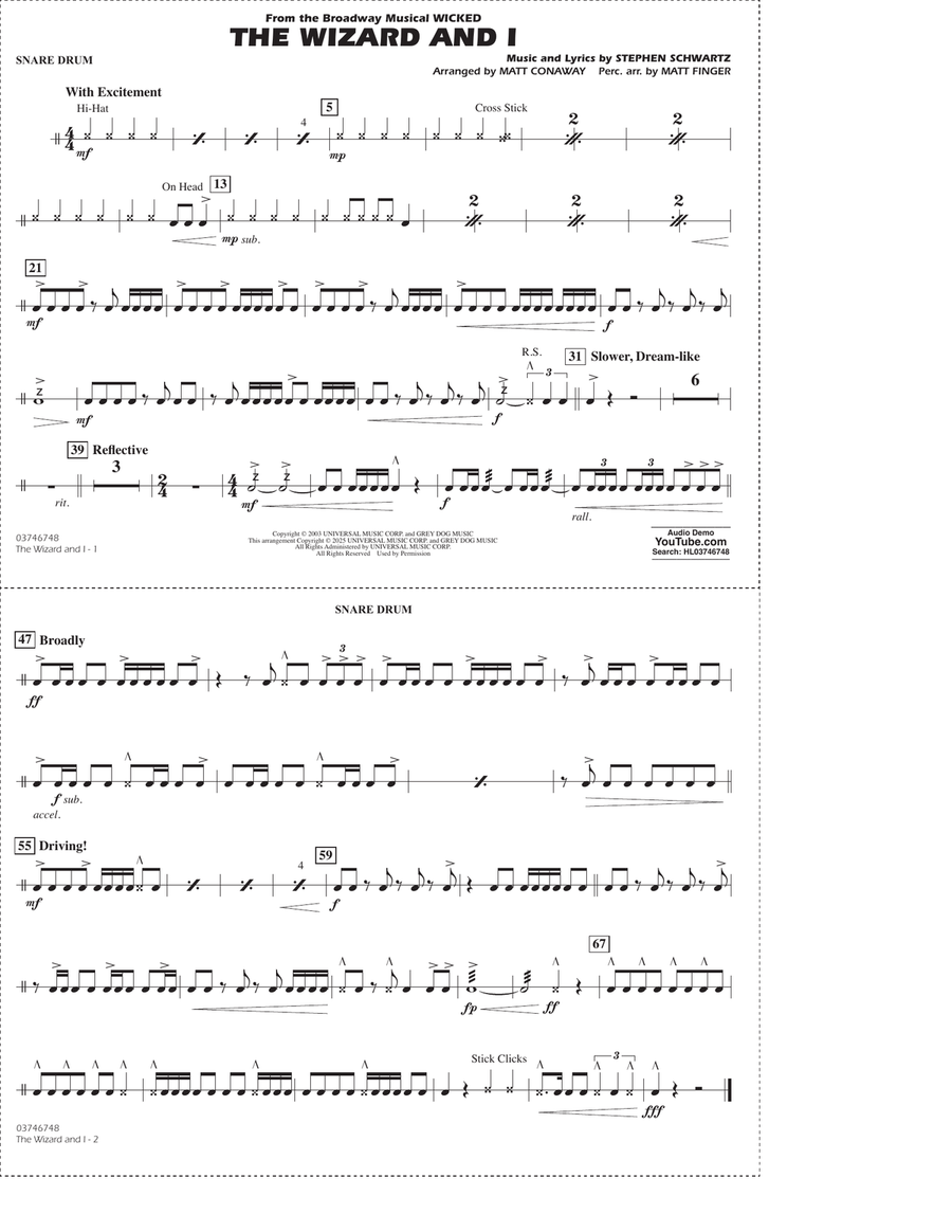 The Wizard and I (from Wicked) (arr. Matt Conaway & Matt Finger) - Snare Drum Marching Band scores gallery preview page 1
