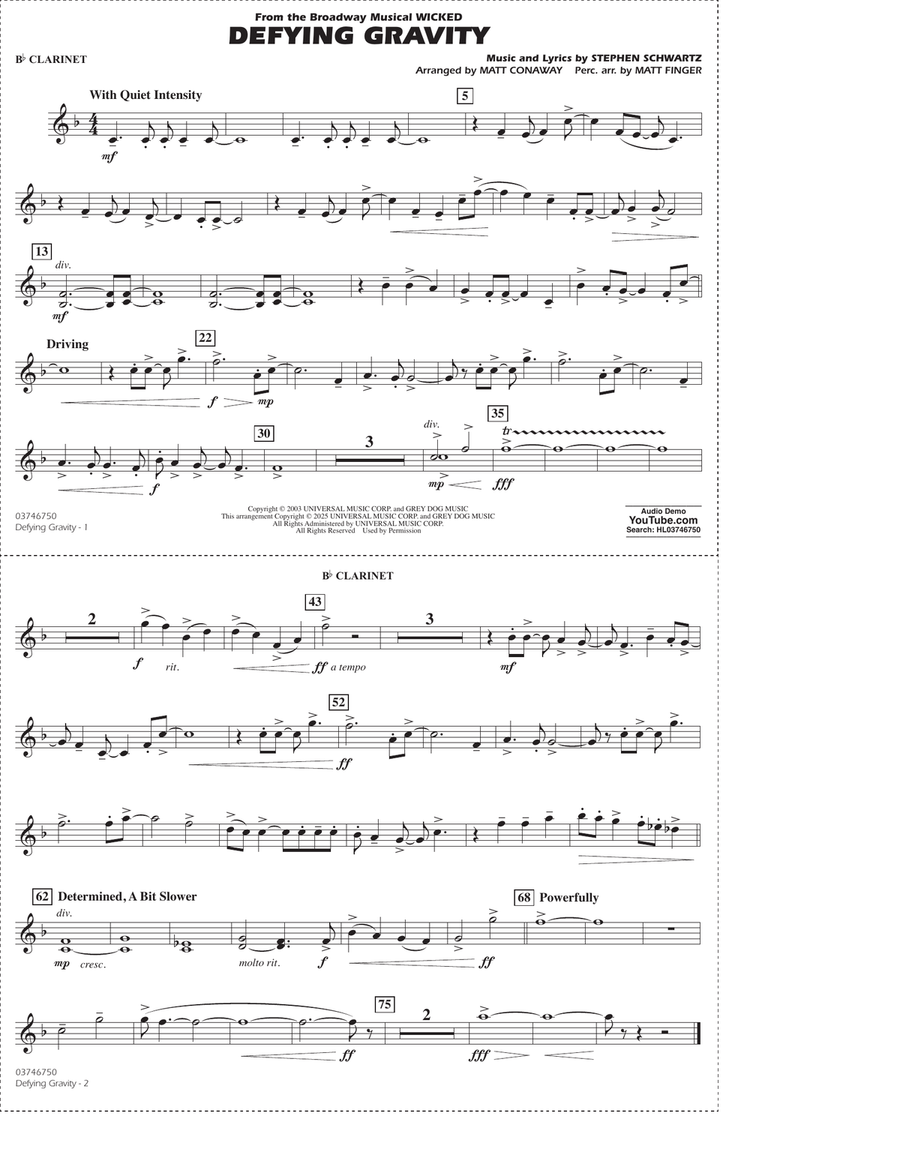 Defying Gravity (from Wicked) (arr. Matt Conaway & Matt Finger) - Bb Clarinet Marching Band scores gallery preview page 1