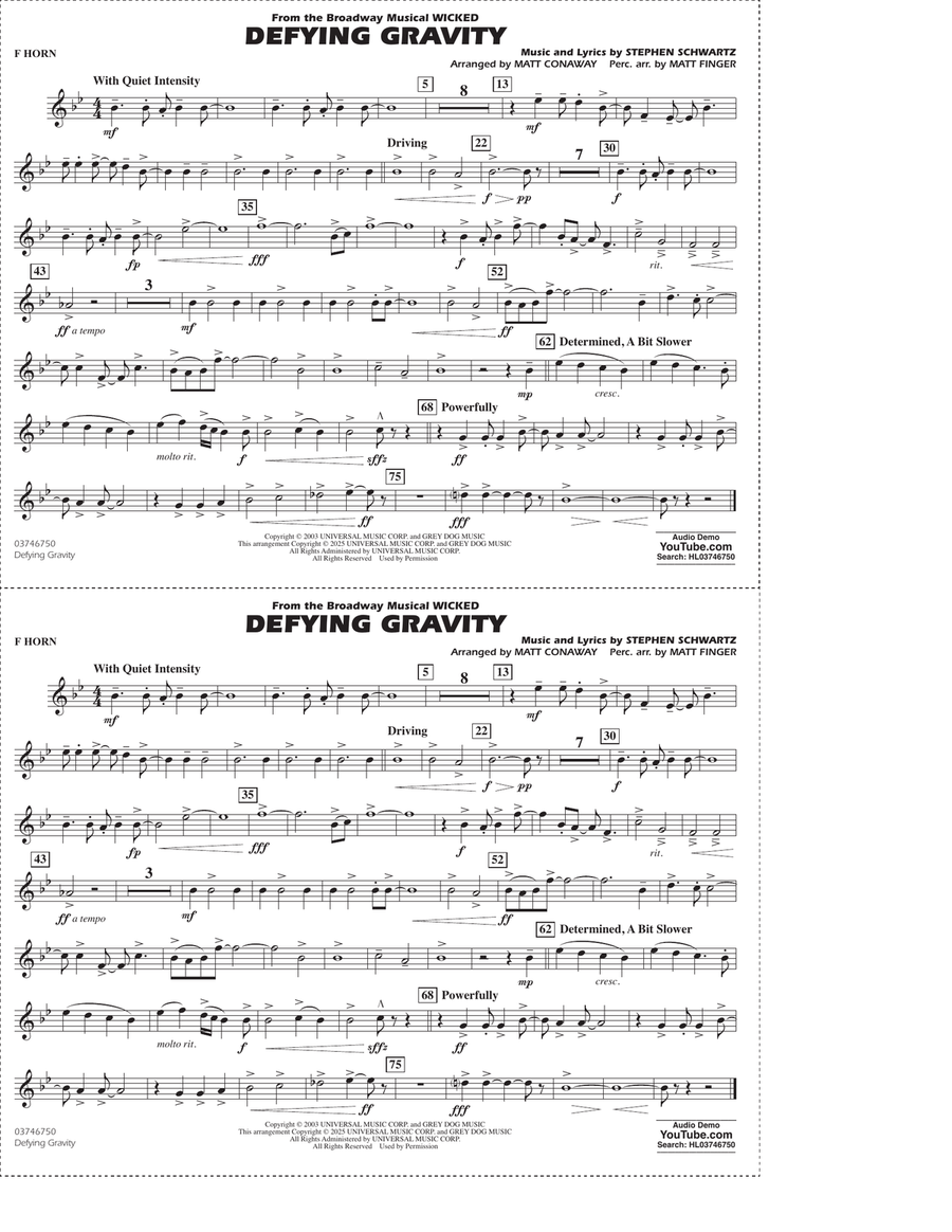 Defying Gravity (from Wicked) (arr. Matt Conaway & Matt Finger) - F Horn Marching Band scores gallery preview page 1