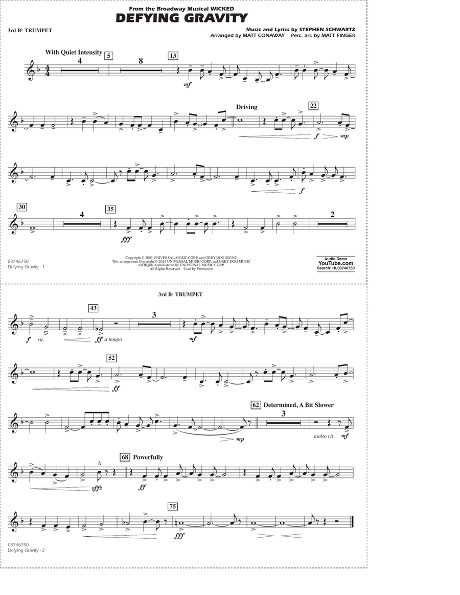Defying Gravity (from Wicked) (arr. Matt Conaway & Matt Finger) - 3rd Bb Trumpet Marching Band scores gallery preview page 1
