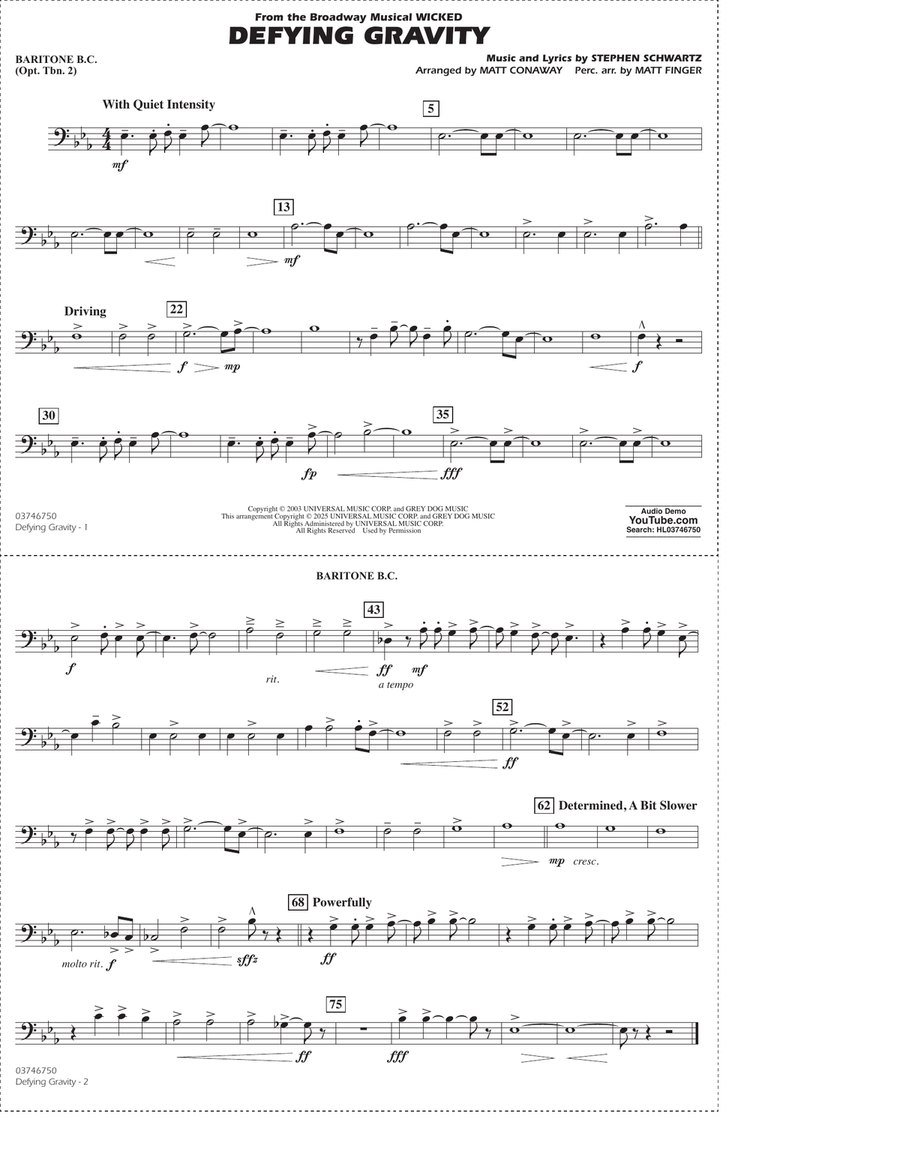 Defying Gravity (from Wicked) (arr. Matt Conaway & Matt Finger) - Baritone B.C. (Opt. Tbn. 2) Marching Band scores gallery preview page 1