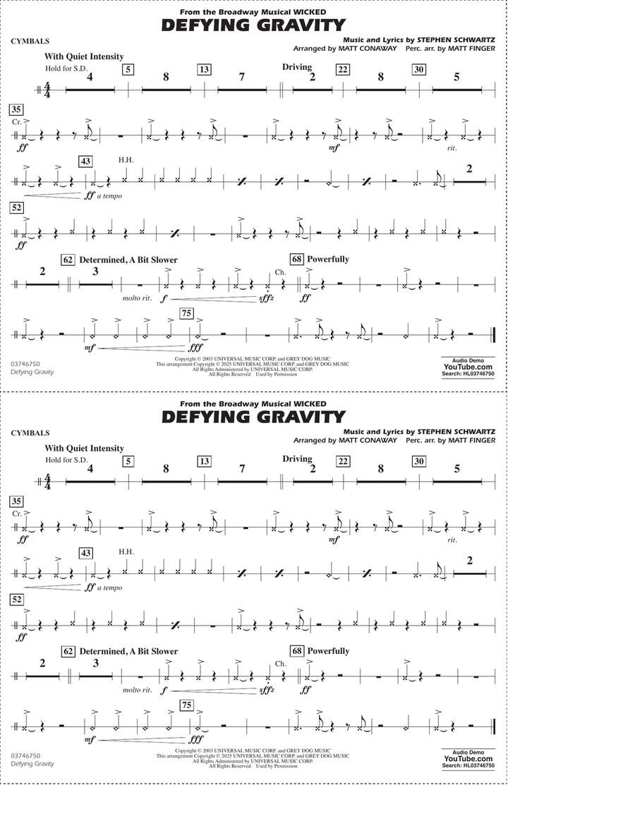 Defying Gravity (from Wicked) (arr. Matt Conaway & Matt Finger) - Cymbals Marching Band scores gallery preview page 1