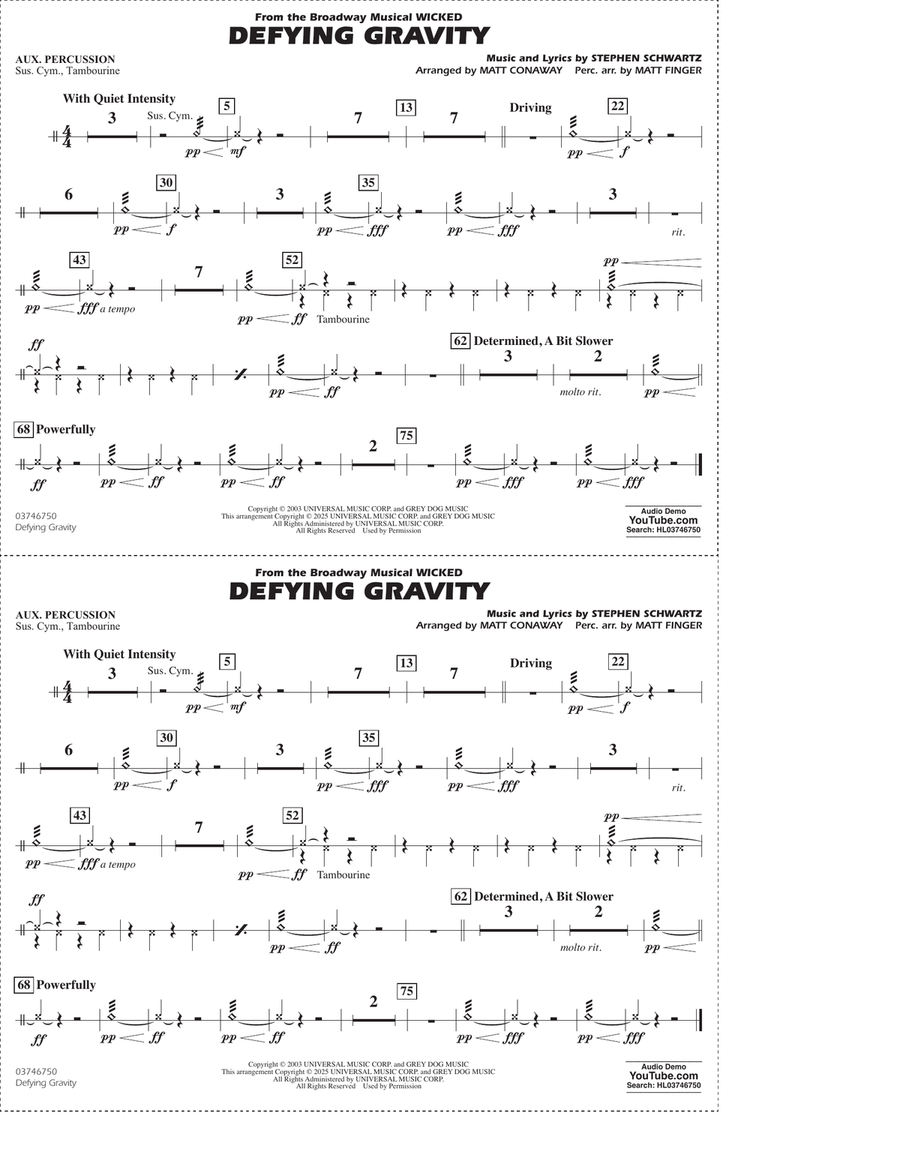 Defying Gravity (from Wicked) (arr. Matt Conaway & Matt Finger) - Aux Percussion Marching Band scores gallery preview page 1