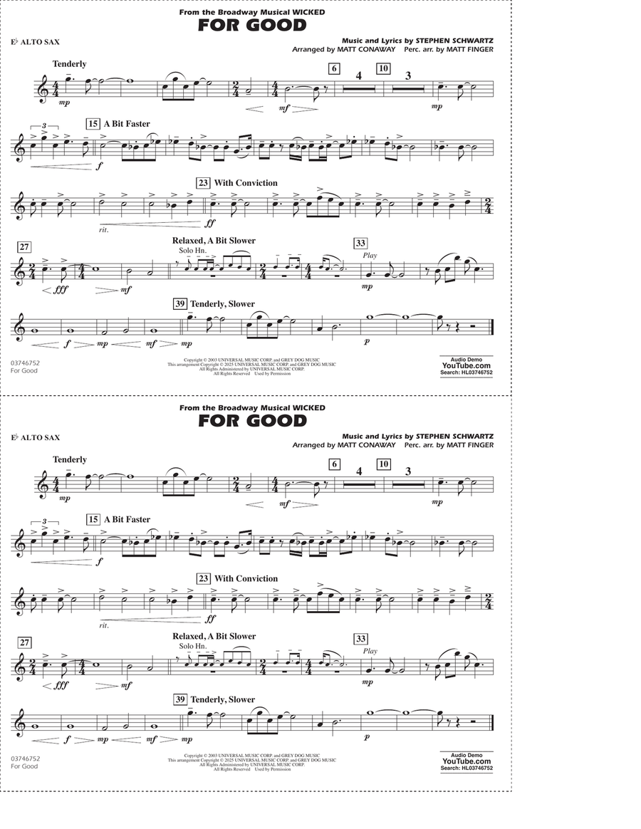 For Good (from Wicked) (arr. Matt Conaway & Matt Finger) - Eb Alto Sax Marching Band scores gallery preview page 1