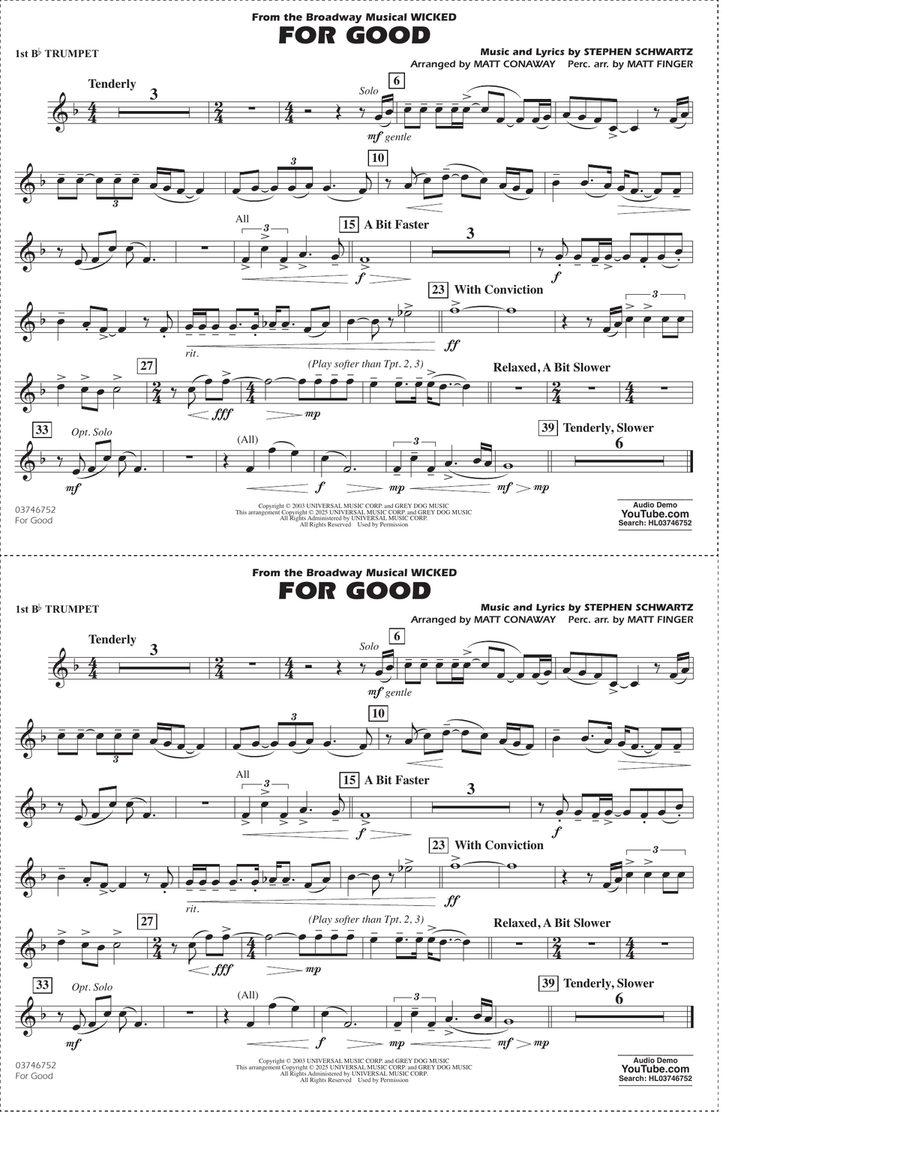 For Good (from Wicked) (arr. Matt Conaway & Matt Finger) - 1st Bb Trumpet Marching Band scores gallery preview page 1
