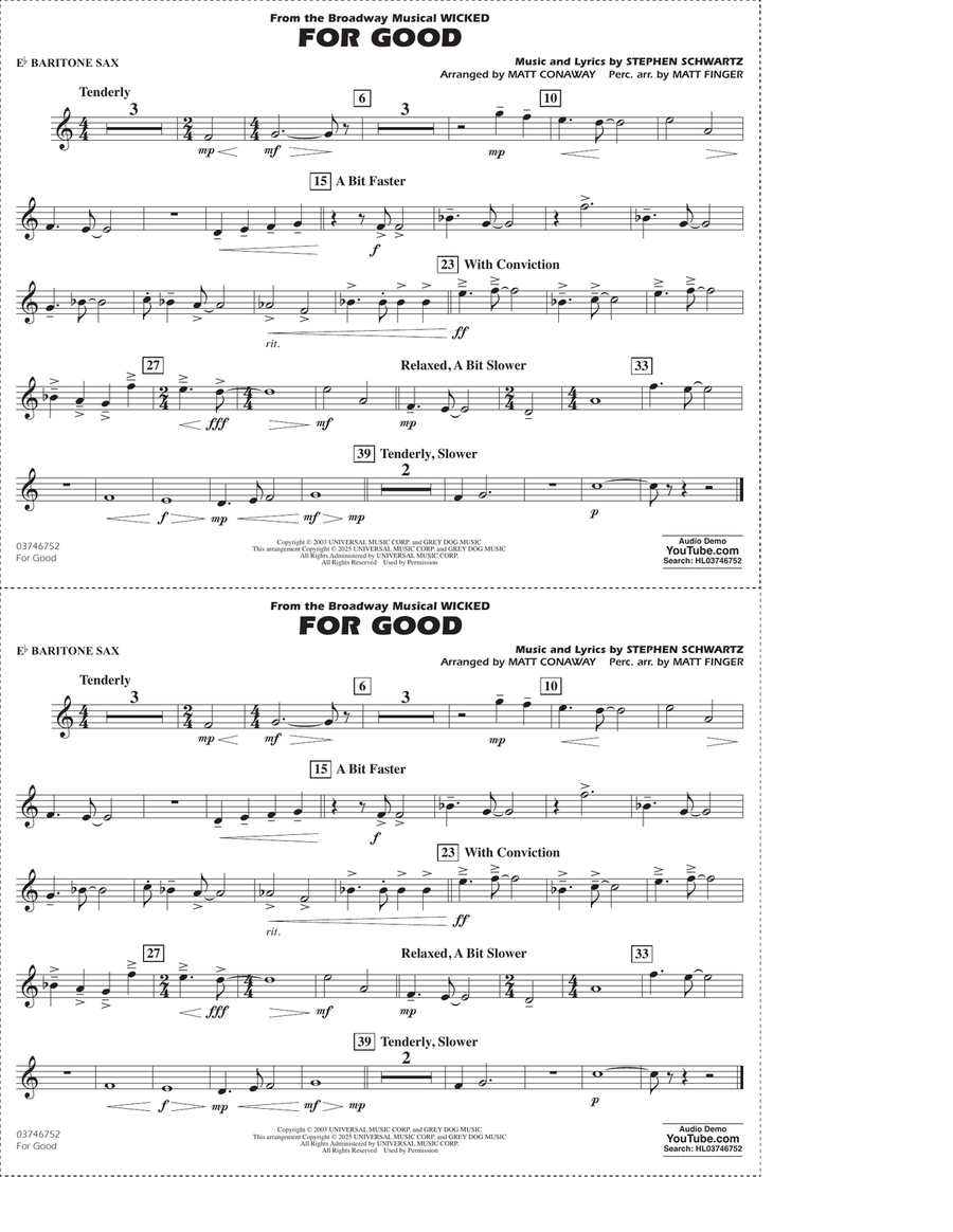 For Good (from Wicked) (arr. Matt Conaway & Matt Finger) - Eb Baritone Sax Marching Band scores gallery preview page 1
