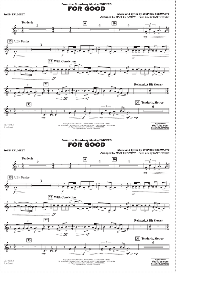 For Good (from Wicked) (arr. Matt Conaway & Matt Finger) - 3rd Bb Trumpet Marching Band scores gallery preview page 1
