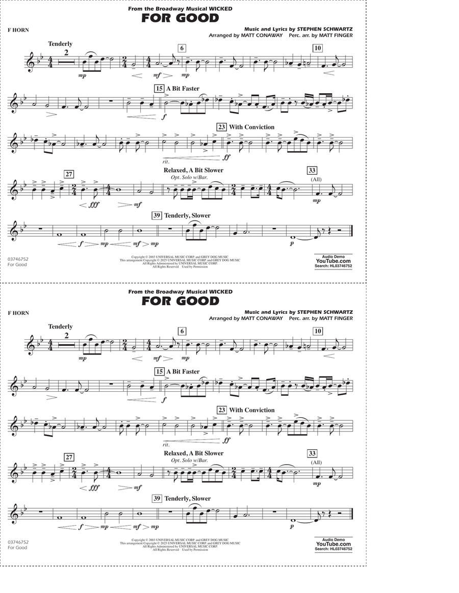 For Good (from Wicked) (arr. Matt Conaway & Matt Finger) - F Horn Marching Band scores gallery preview page 1