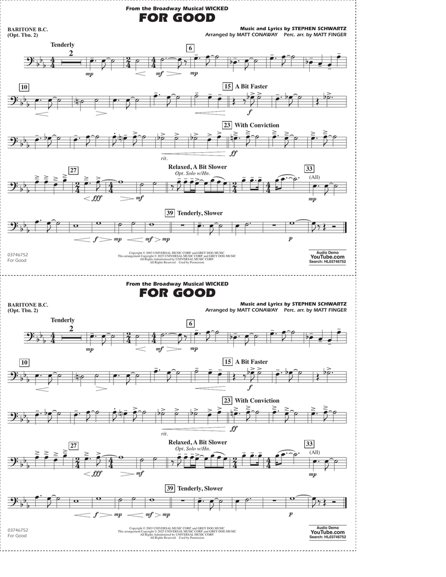 For Good (from Wicked) (arr. Matt Conaway & Matt Finger) - Baritone B.C. (Opt. Tbn. 2) Marching Band scores gallery preview page 1