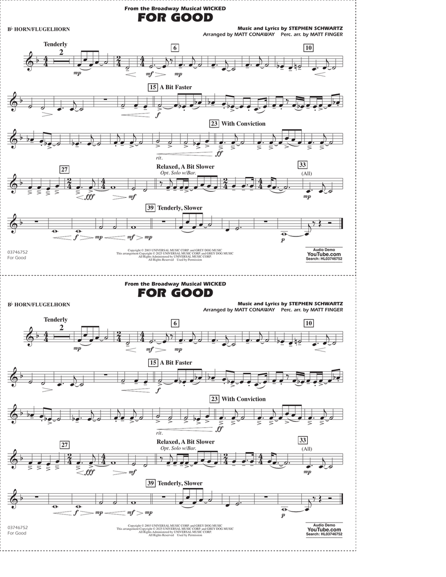 For Good (from Wicked) (arr. Matt Conaway & Matt Finger) - Bb Horn/Flugelhorn Marching Band scores gallery preview page 1