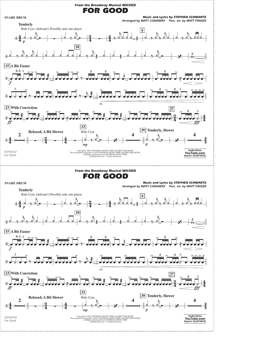 For Good (from Wicked) (arr. Matt Conaway & Matt Finger) - Snare Drum Marching Band scores gallery preview page 1