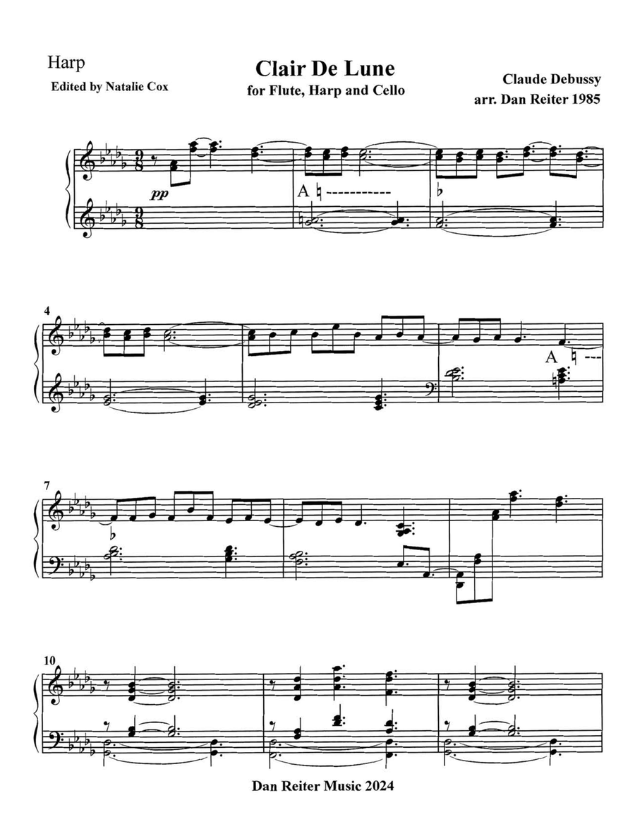 Clair De Lune for harp, flute, and cello Small Ensemble scores gallery preview page 2