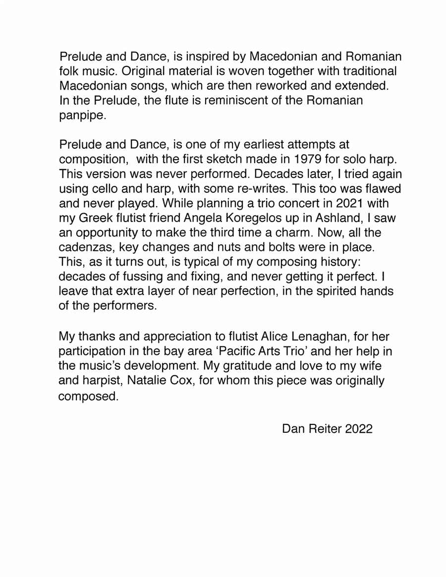 Dan Reiter’s arrangement of “Prelude and Dance” for harp, flute, and cello Small Ensemble scores gallery preview page 3