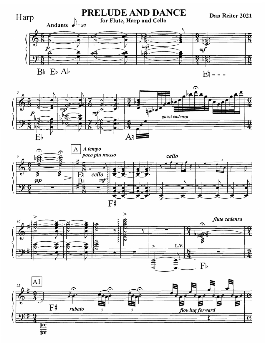 Dan Reiter’s arrangement of “Prelude and Dance” for harp, flute, and cello Small Ensemble scores gallery preview page 4