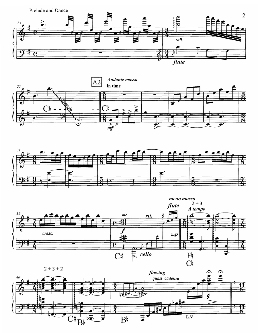 Dan Reiter’s arrangement of “Prelude and Dance” for harp, flute, and cello Small Ensemble scores gallery preview page 5