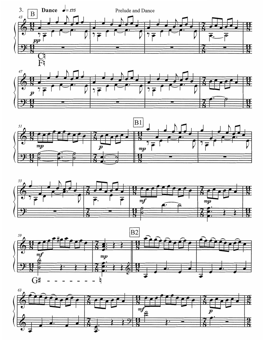 Dan Reiter’s arrangement of “Prelude and Dance” for harp, flute, and cello Small Ensemble scores gallery preview page 6