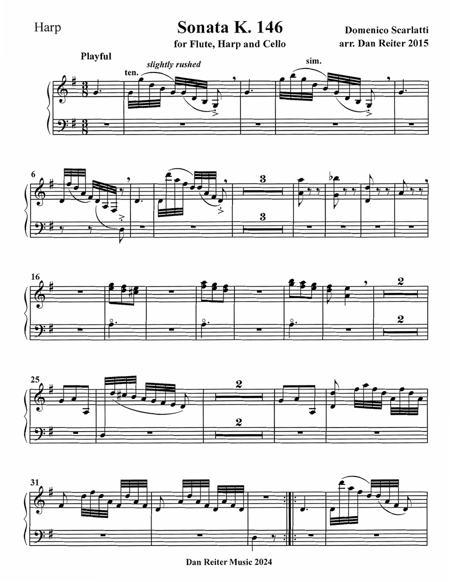 Scarlatti – Sonata K 146 – arranged for Flute, Harp, and Cello Small Ensemble scores gallery preview page 3