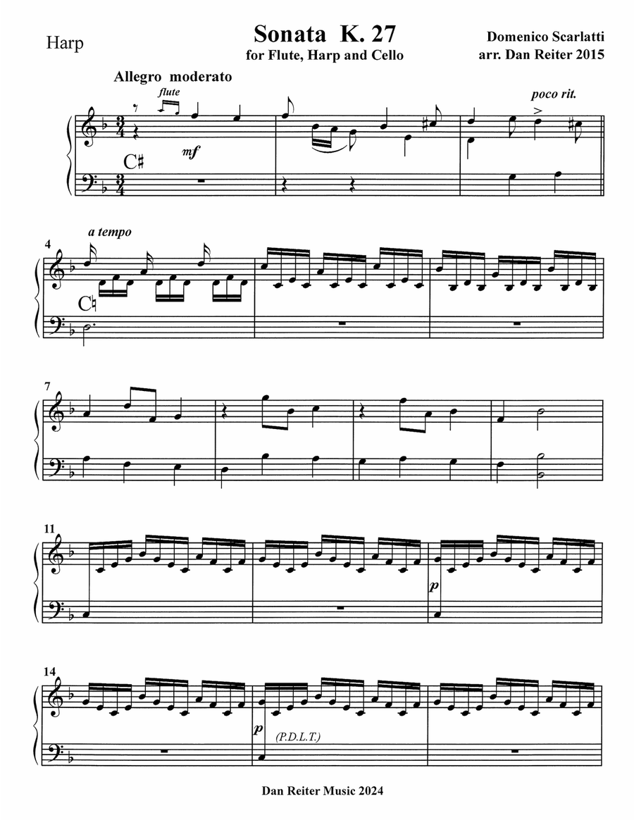 Scarlatti – Sonata K 27 – arranged for Flute, Harp, and Cello Small Ensemble scores gallery preview page 2