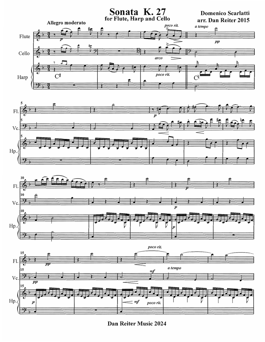 Scarlatti – Sonata K 27 – arranged for Flute, Harp, and Cello Small Ensemble scores gallery preview page 6