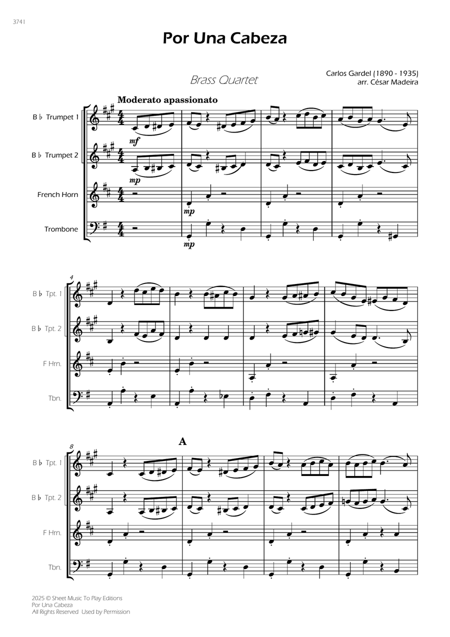 Por Una Cabeza - Brass Quartet (Full Score) - Score Only Brass Quartet scores gallery preview page 1