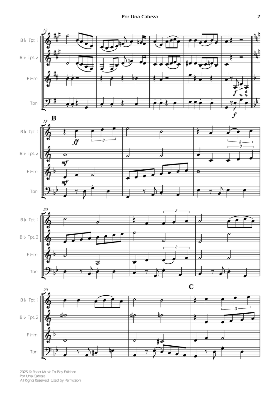 Por Una Cabeza - Brass Quartet (Full Score) - Score Only Brass Quartet scores gallery preview page 2