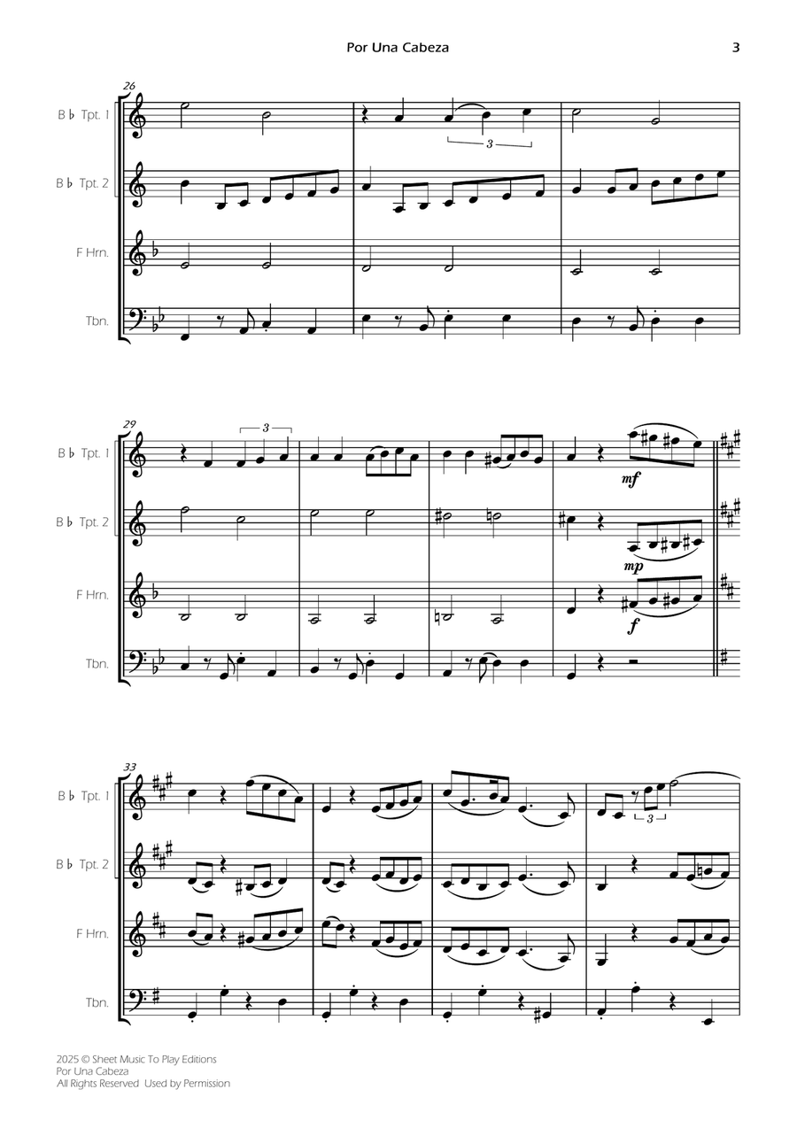 Por Una Cabeza - Brass Quartet (Full Score) - Score Only Brass Quartet scores gallery preview page 3
