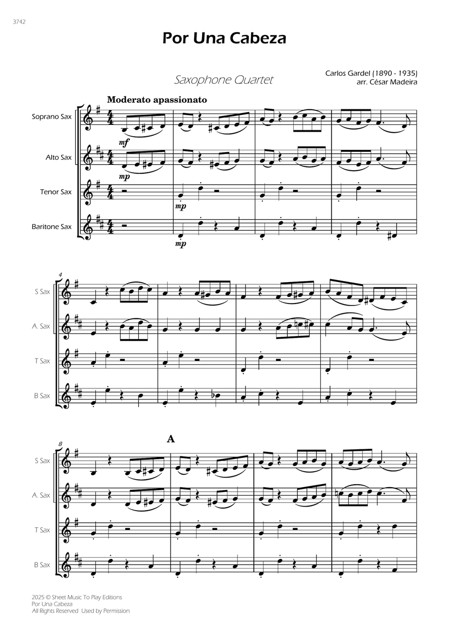 Por Una Cabeza - Sax Quartet (Full Score and Parts) Saxophone Quartet scores gallery preview page 3