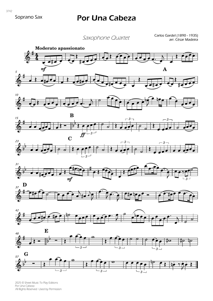 Por Una Cabeza - Sax Quartet (Individual Parts) Saxophone Quartet scores gallery preview page 1
