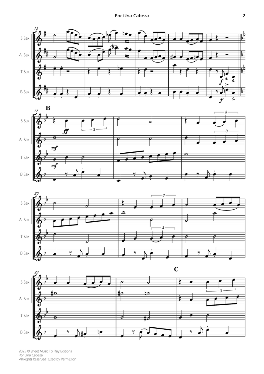 Por Una Cabeza - Sax Quartet (Full Score) - Score Only Saxophone Quartet scores gallery preview page 2