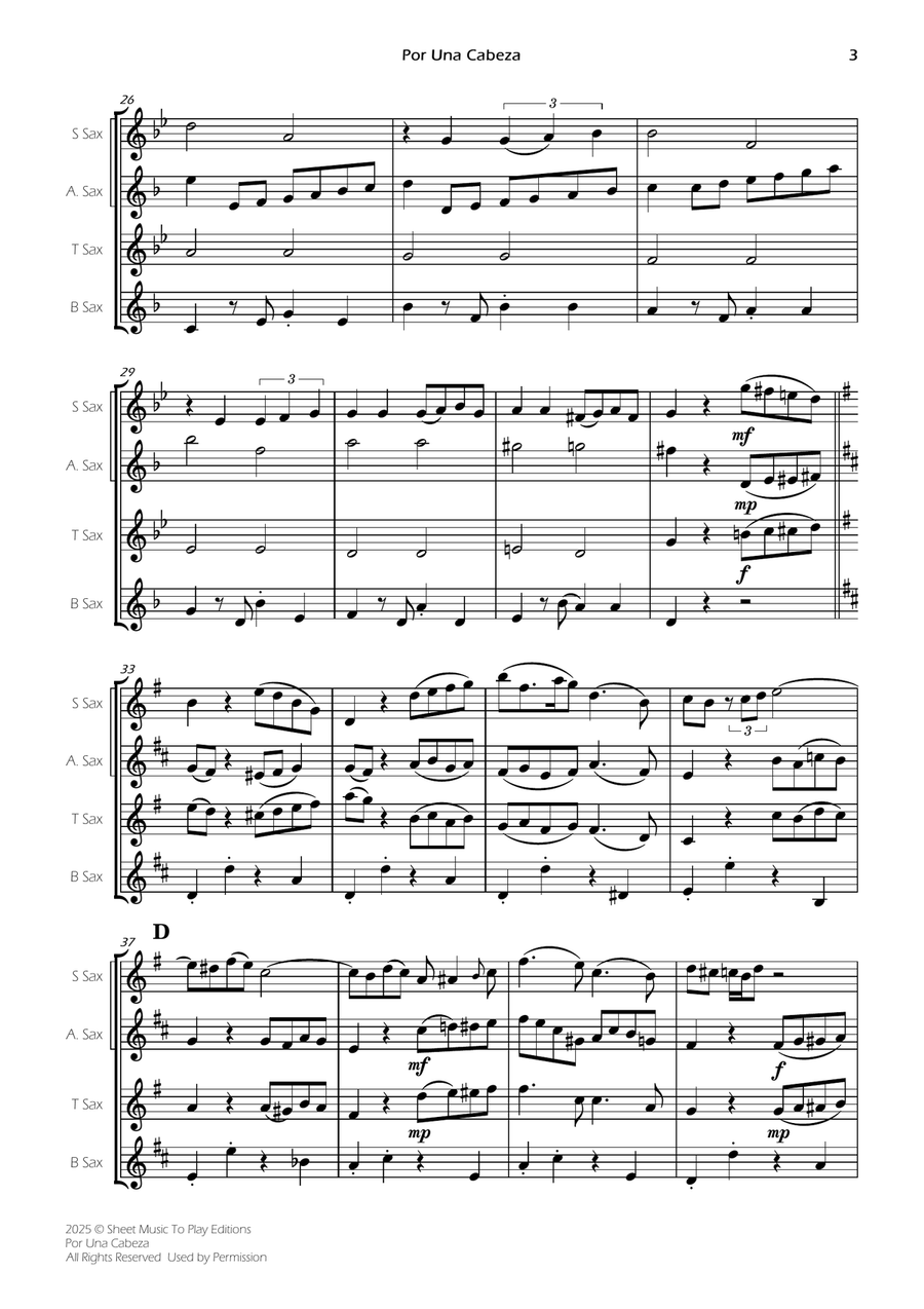 Por Una Cabeza - Sax Quartet (Full Score) - Score Only Saxophone Quartet scores gallery preview page 3
