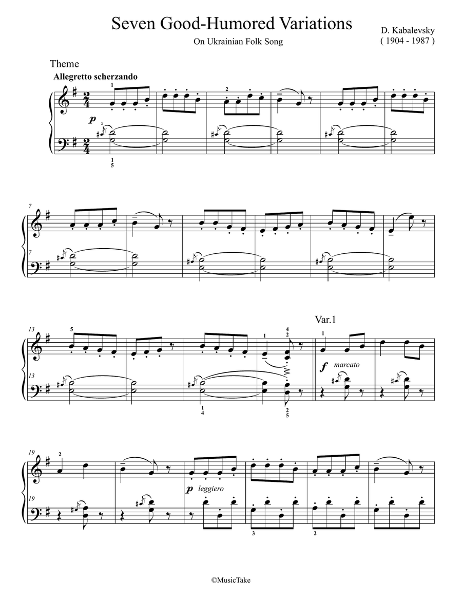 Kabalevsky Seven Good-Humored Variations Easy Piano scores gallery preview page 1
