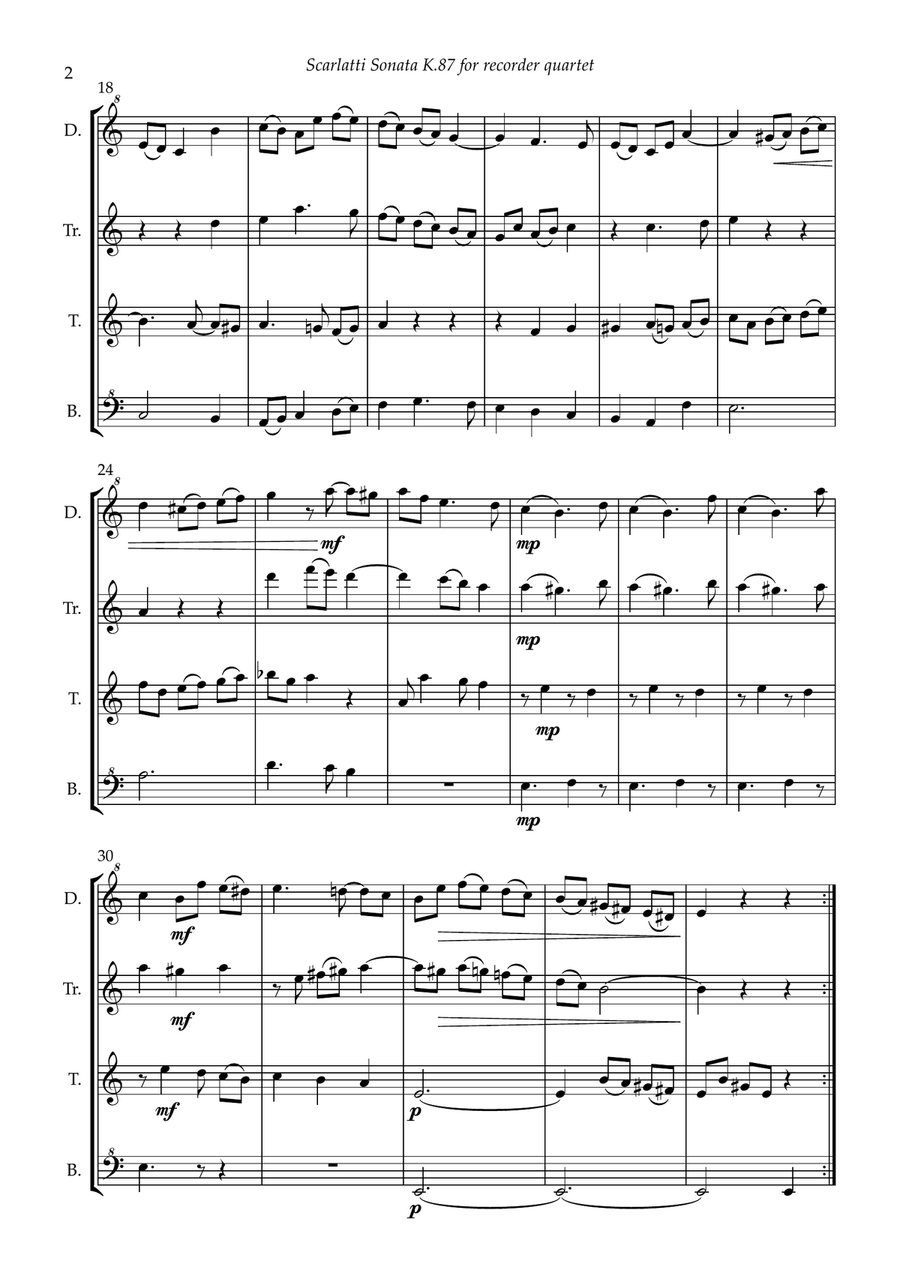 Scarlatti Sonata K87 for Recorder Quartet (D/Tr/T/B) Chamber Music scores gallery preview page 4