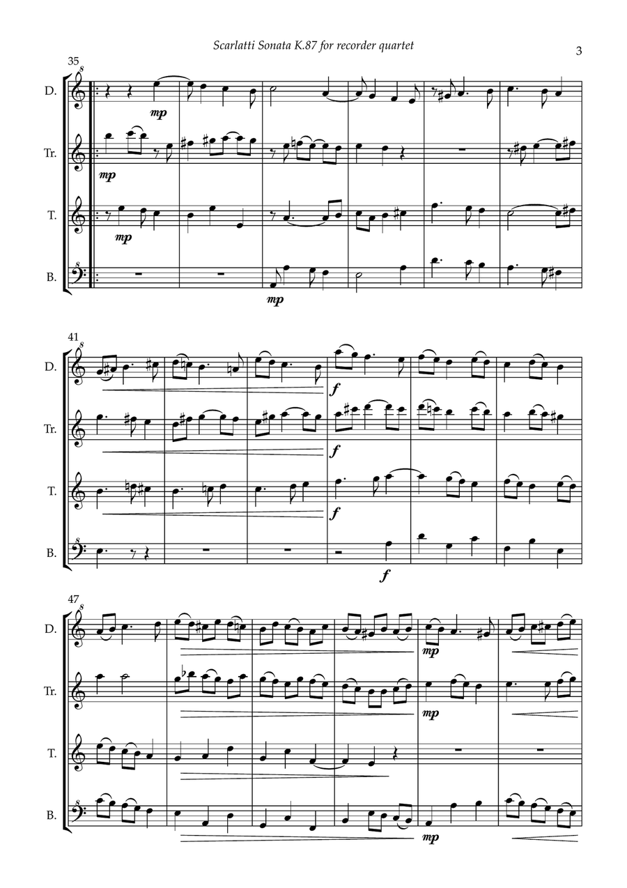 Scarlatti Sonata K87 for Recorder Quartet (D/Tr/T/B) Chamber Music scores gallery preview page 5